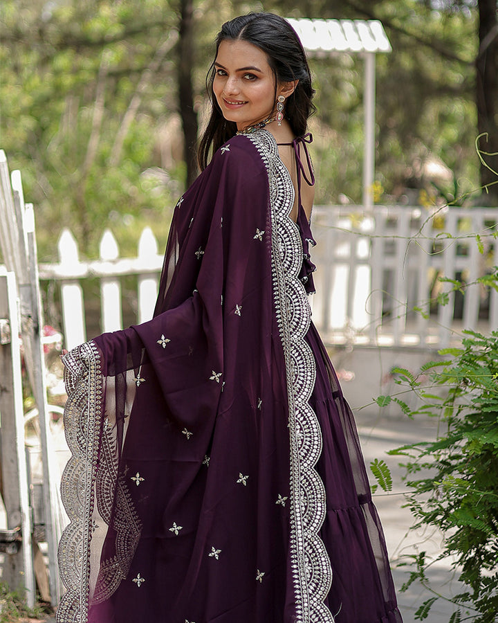 Wine Color Designer Embroidered Gown With Dupatta