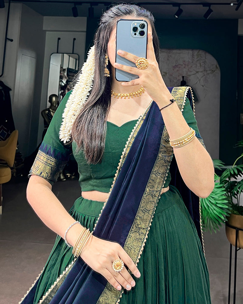 Teal Green Color Poly Cotton Zari Weaving Half Saree
