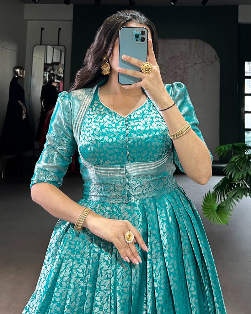 Firozi Color Kanjivaram Zari Weaving Gown