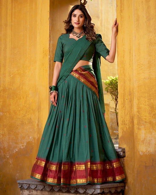 Elegant Teal Green Pure Chanderi Half Saree With Zari Weaving