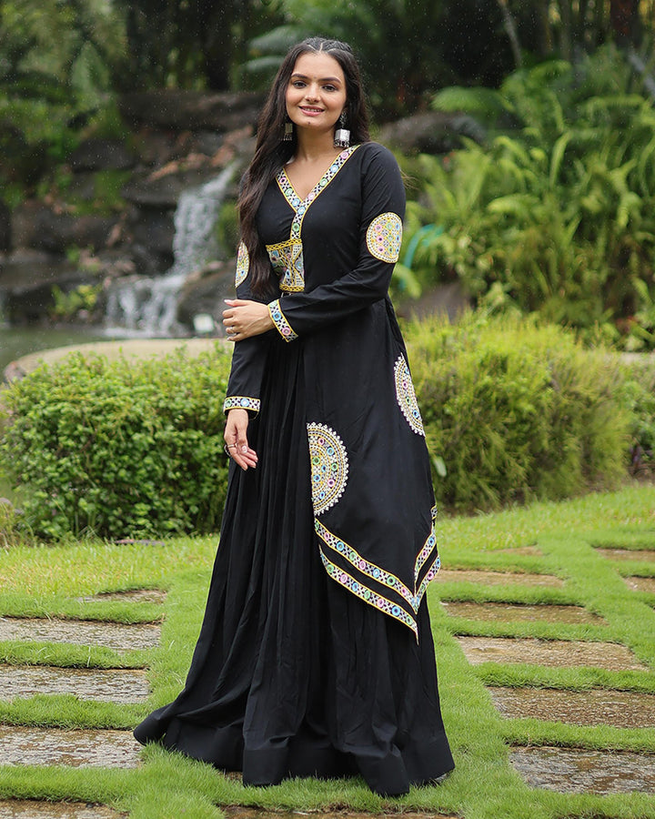 Black Color Rayon Kutchi Style Navratri Gown