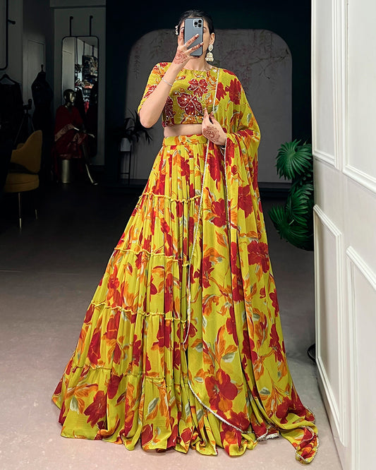 Olive Yellow Color Marble Floral Printed Lehenga Choli
