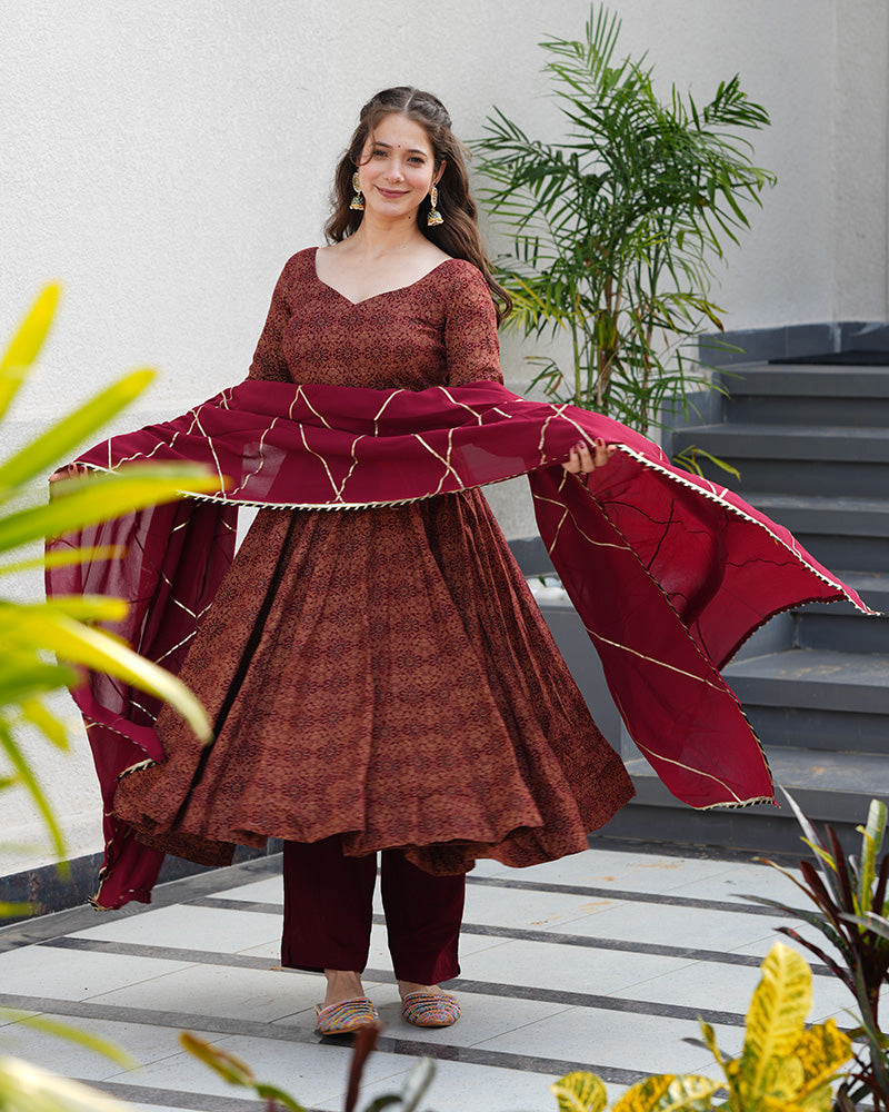 Maroon Color Pure Cotton Ajrakh Print Anarkali Suit