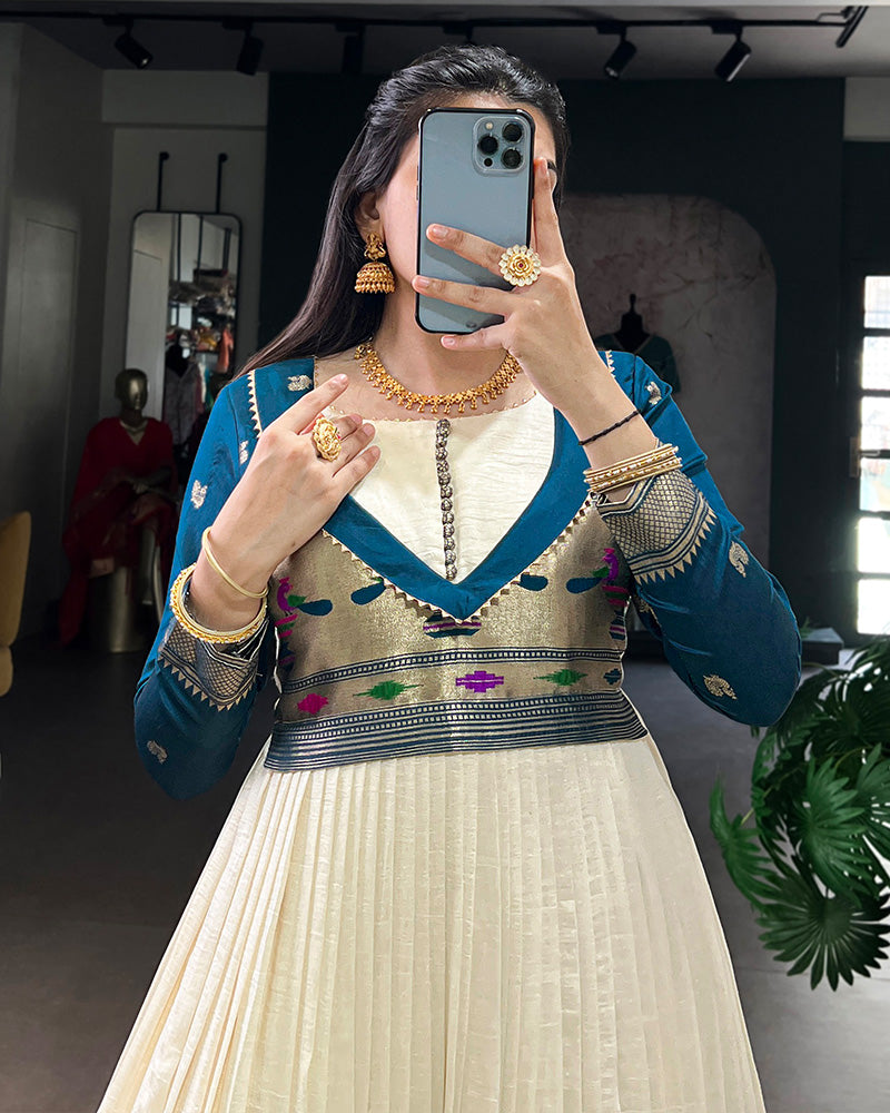 Off-White Color Vichitra Silk Zari Weaving Gown