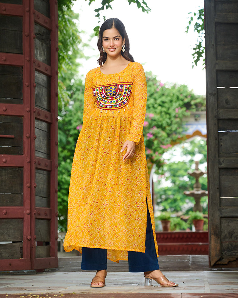 Festive Yellow Georgette Printed Kurti With Gamthi Patchwork