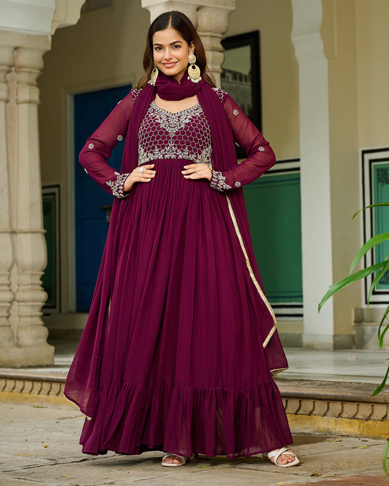 Wine Color Faux Blooming Beads Embroidered Gown