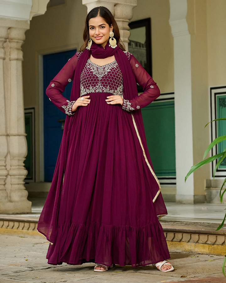 Wine Color Faux Blooming Beads Embroidered Gown