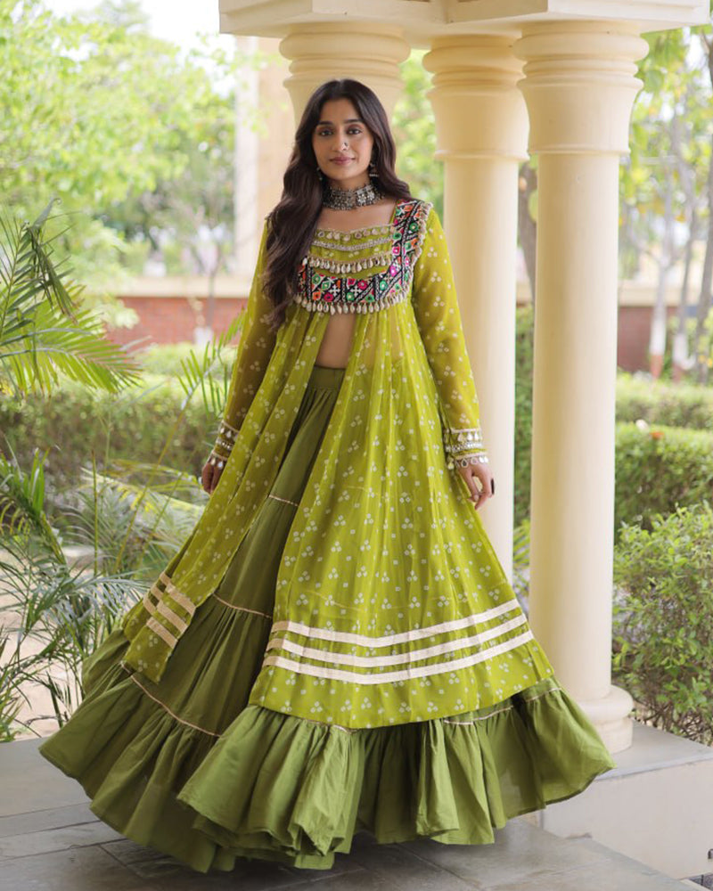 Parrot Green Color Bandhani Printed Kurti With Kora Cotton Lehenga Choli