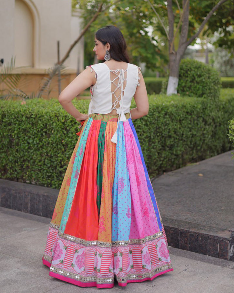 Multi Color Cotton Printed Mirror Work Navratri Lehenga Choli