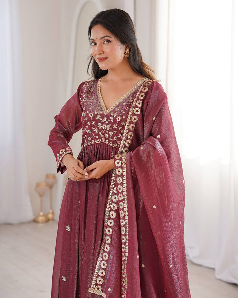 Dusty Maroon Color Crunchy SilkThree Piece Anarkali Suit