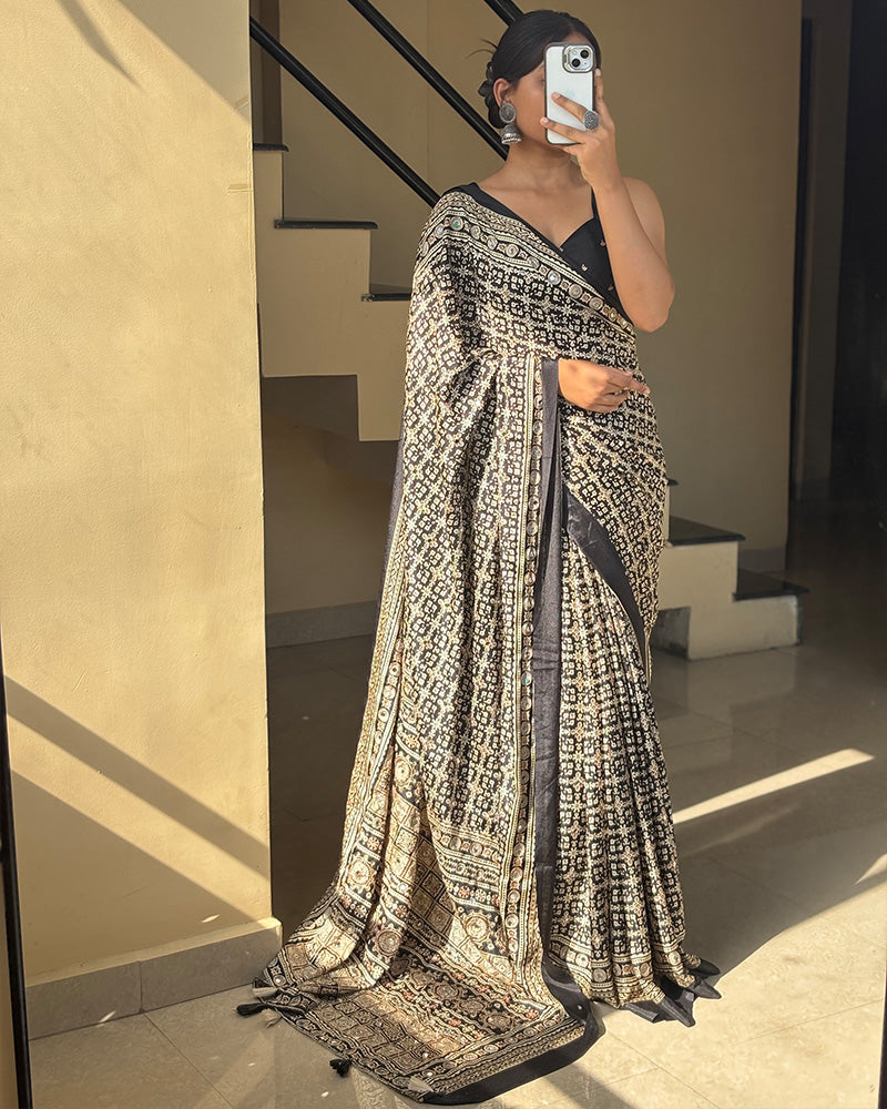 Black Color Pure Crape Silk Ajarakh Print Saree