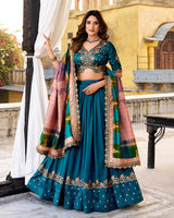 Designer Firozi Color Vichitra Silk Embroidered Lehenga Choli