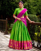 Parrot Green Color Poly Cotton Half Saree