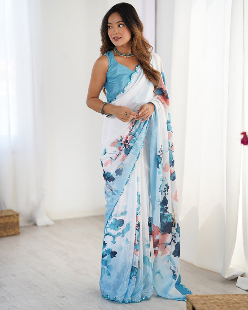 Ocean White Color Chinnon Silk Digital Printed Saree