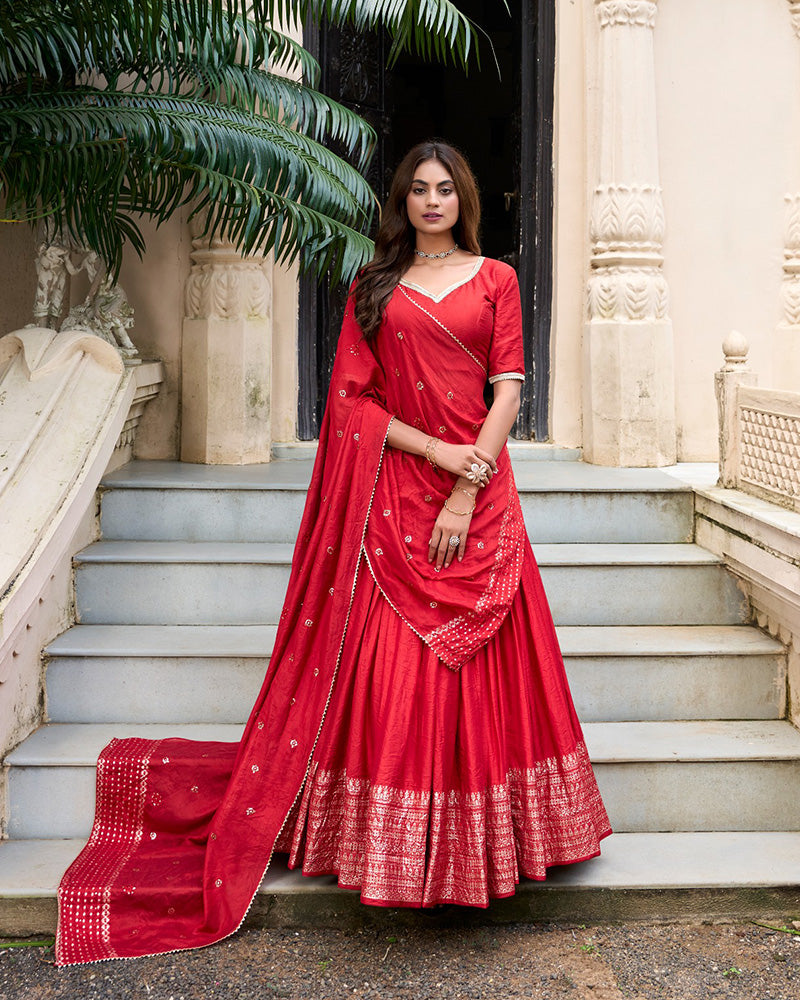 Red Color Pure Chanderi Plain Navratri Half Saree