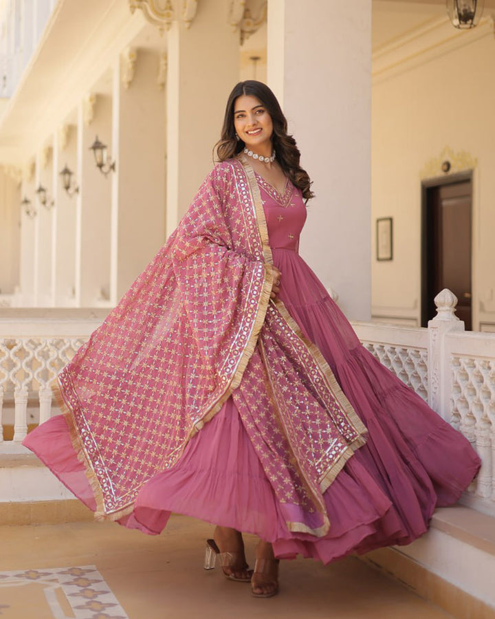 Onion Color Faux Georgette Designer Anarkali Gown With Dupatta