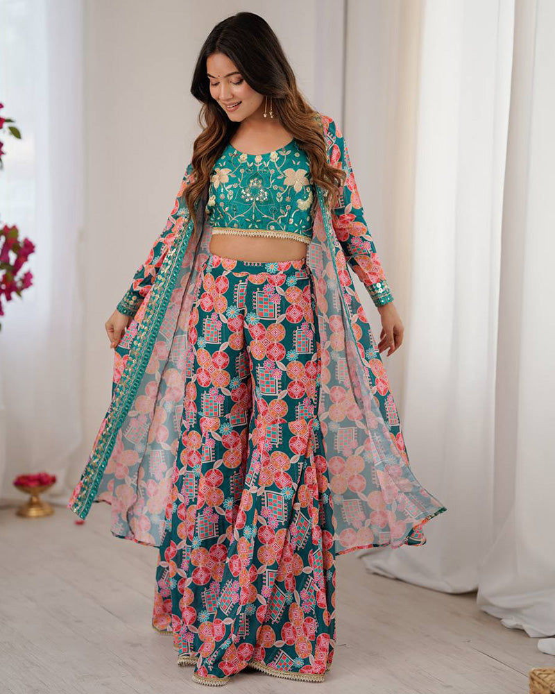 Bottle Green Color Muslin Cotton Printed Plazzo Suit