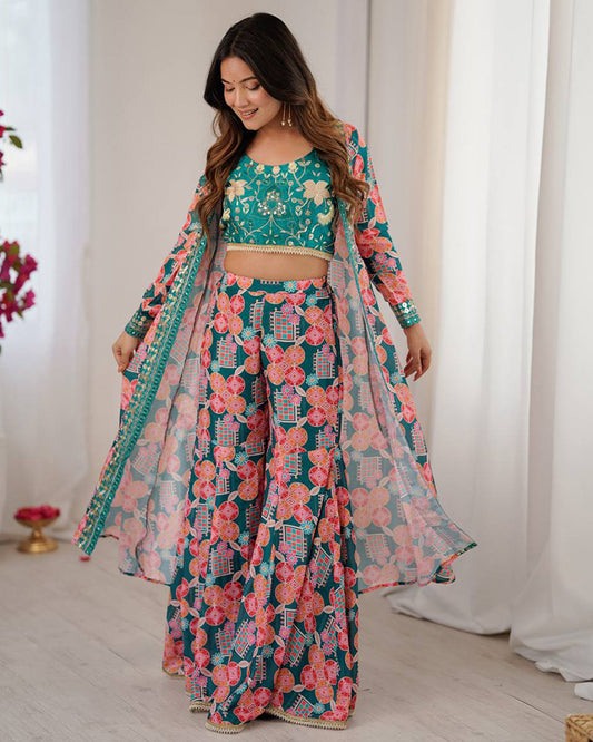 Bottle Green Color Muslin Cotton Printed Plazzo Suit