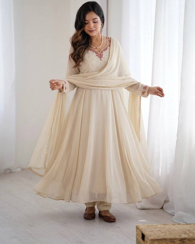 Off  White Color Faux Georgette Elegant Gown
