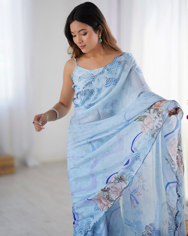 Ocean Color Chinnon Silk Mirror Work Saree