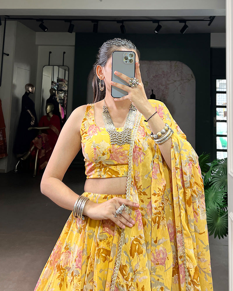 Yellow Color Chiffon Printed Lehenga Choli