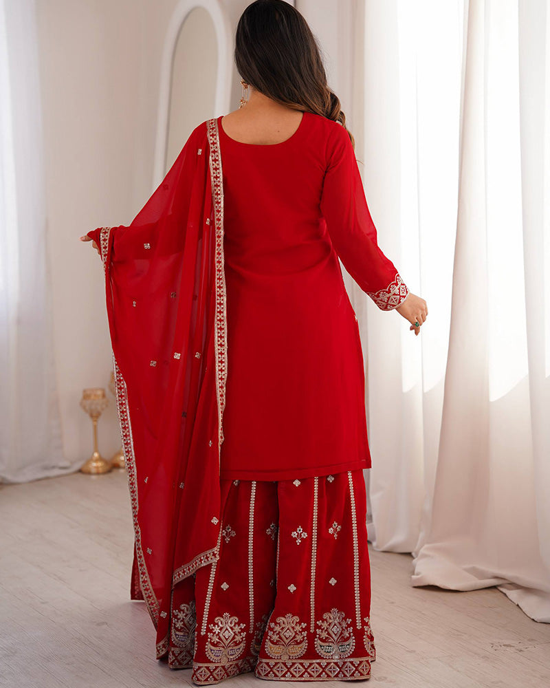 Royal Red Color Faux Georgette Embroidered Plazzo Suit