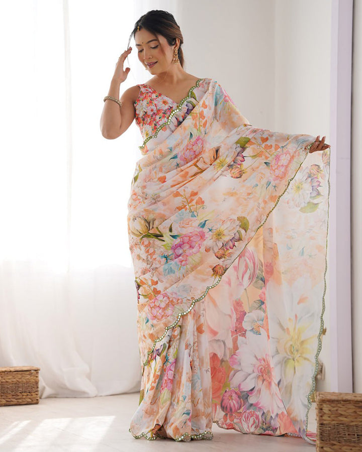 Peach Color Chinnon Silk Saree