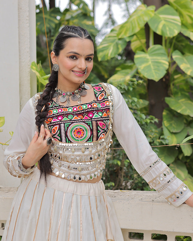 Off-White Color Roman Silk Navratri Lehenga Choli