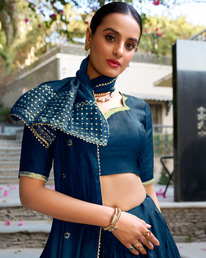 Navy Blue Color Pure Chanderi Plain Navratri Half Saree