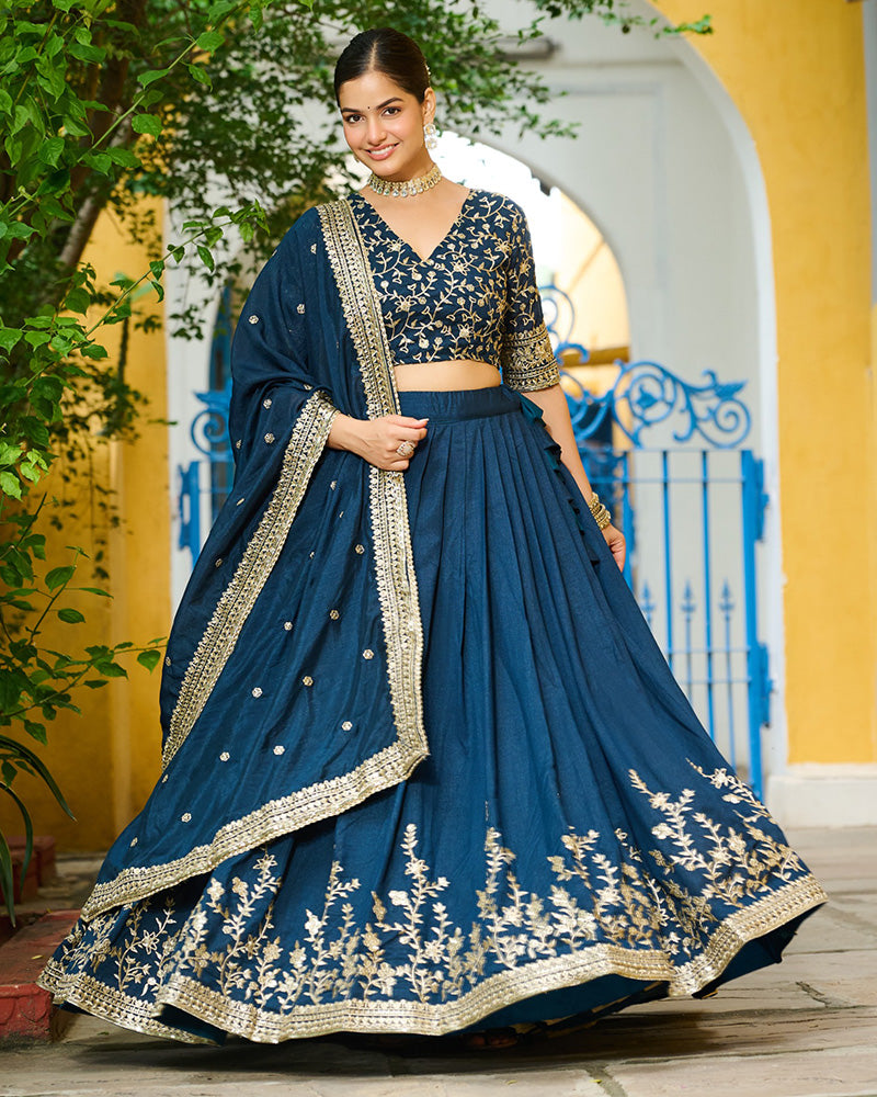 Rama Color Vichitra Silk Thread Embroidered Lehenga Choli