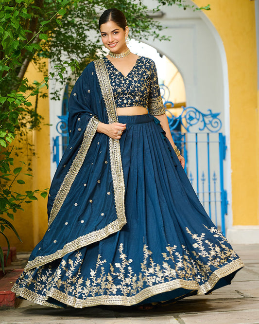 Rama Color Vichitra Silk Thread Embroidered Lehenga Choli
