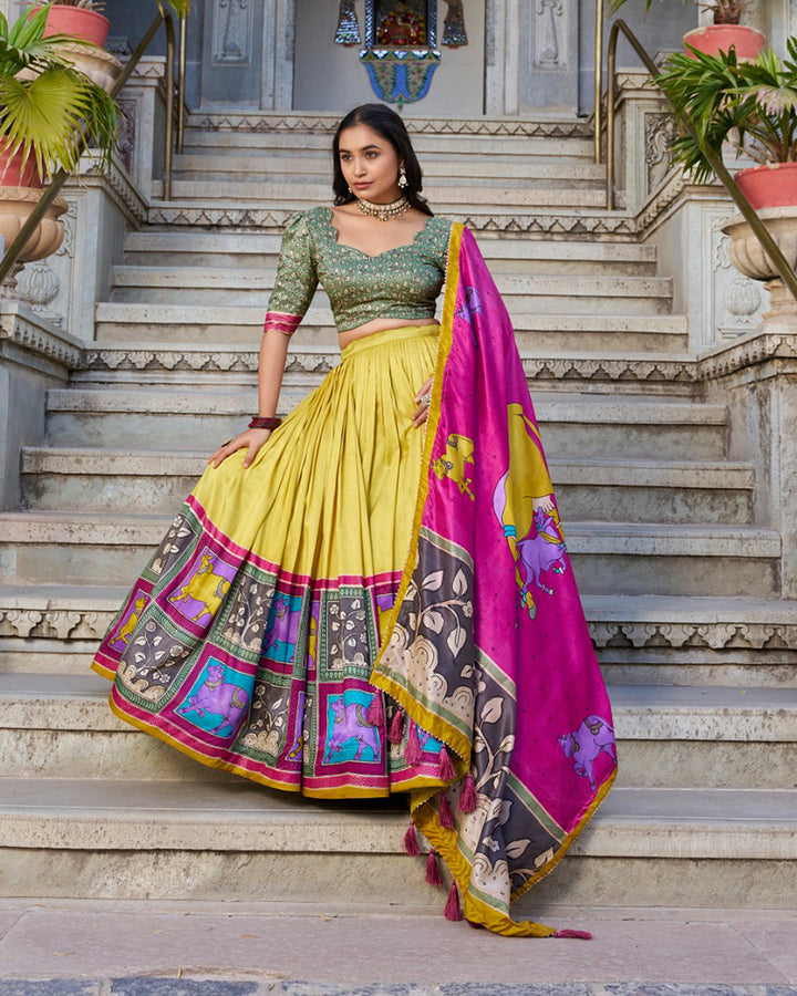 Mustard Color Tussar Silk Kalamkari Printed Lehenga Choli