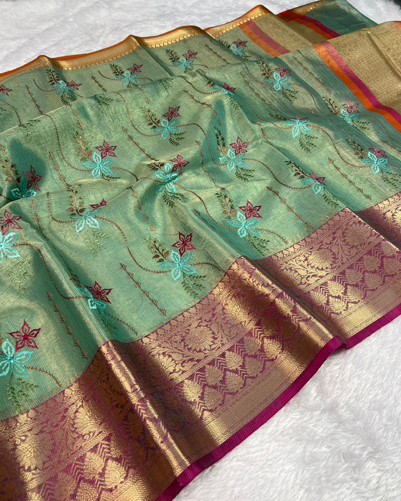 Sea Green Color Tissue Silk Floral Embroidered Saree