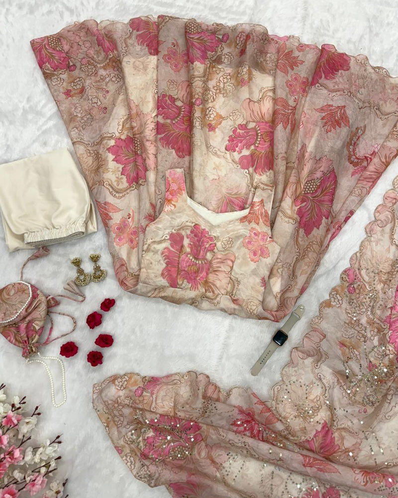 Off-White Color Digital Printed Soft Organza Anarkali Suit