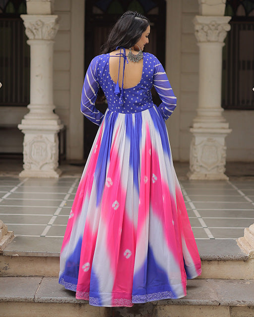 Blue Color Faux Georgette Bandhej Print Navratri Gown
