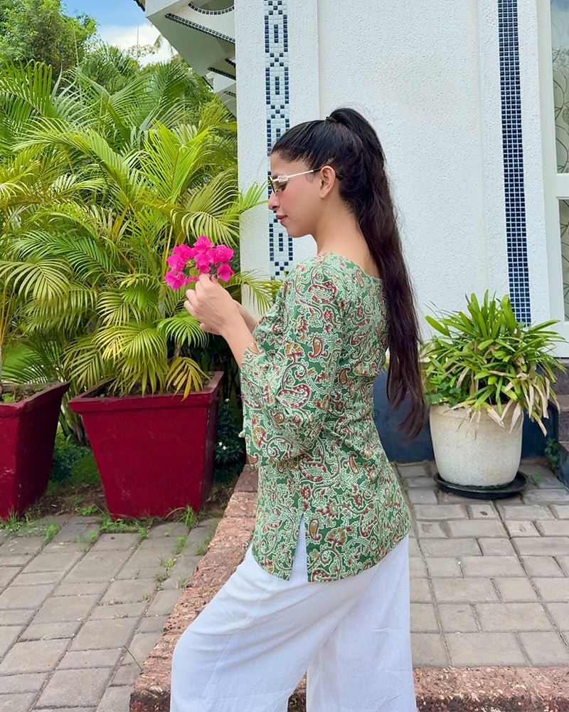 Green Color Pure Cotton Kalamakri Printed Tunic