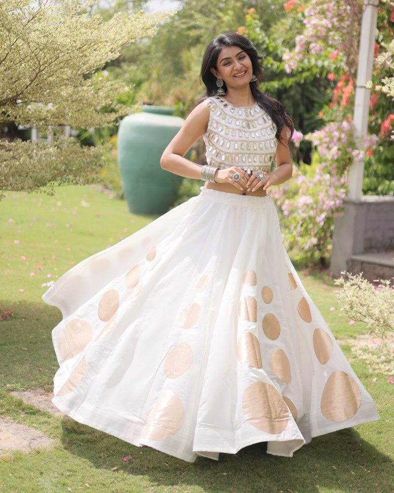 Traditional White Roman Silk Navratri Wear Lehenga Choli