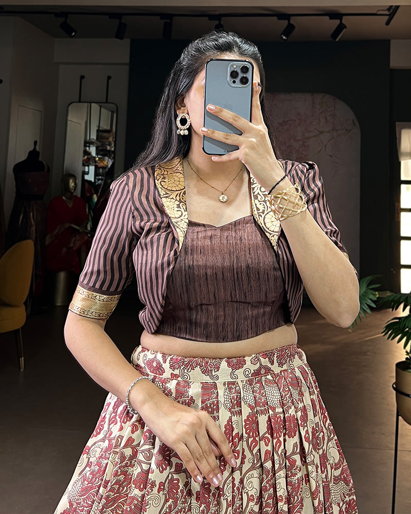 Brown Color Tasar Silk Viscose Printed Lehenga Choli