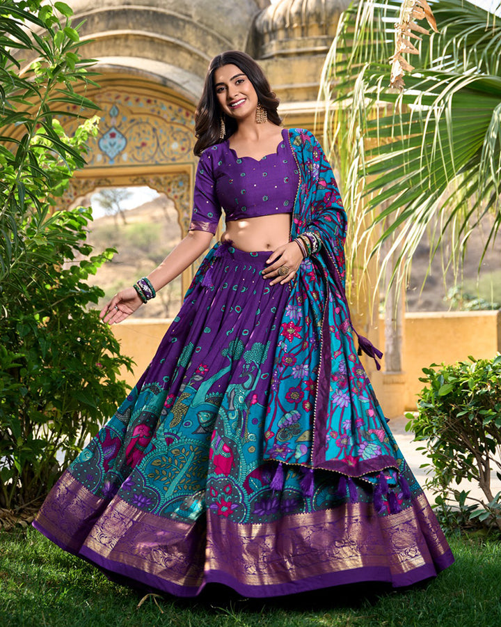 Purple Color Tussar Silk Kalamkari Printed Navratri Lehenga Choli