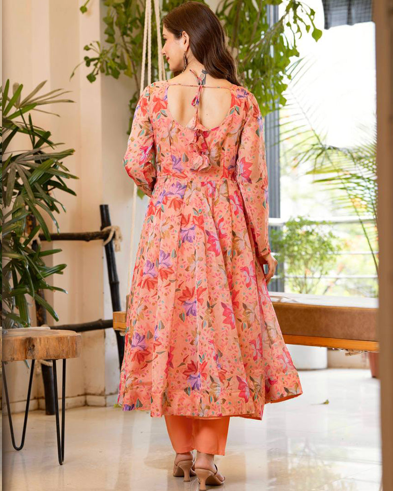 Peach Color Digital Printed Organza Anarkali Suit
