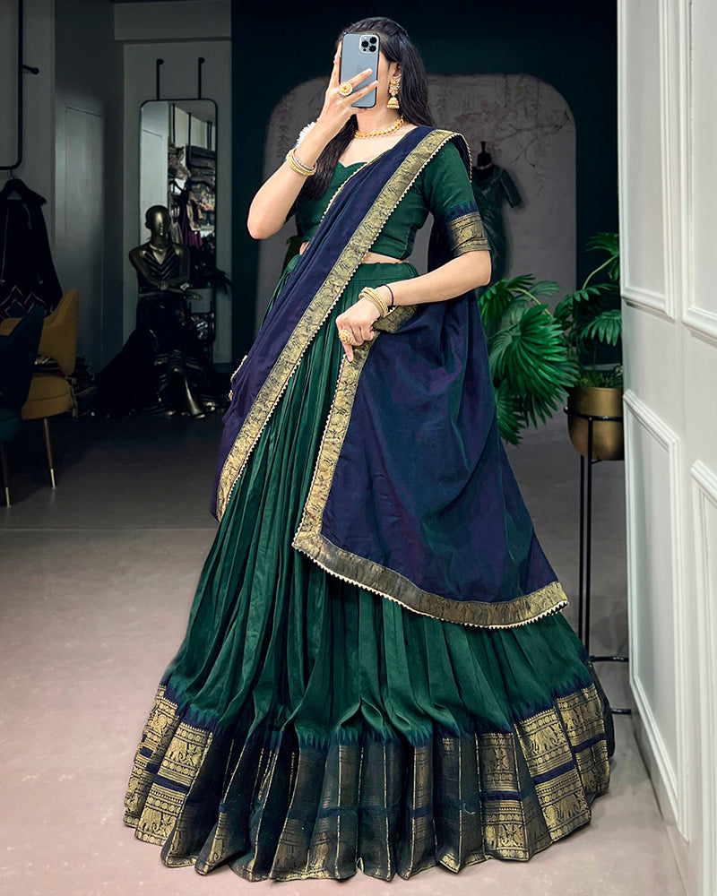 Teal Green Color Poly Cotton Zari Weaving Half Saree