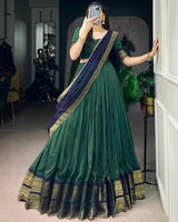 Teal Green Color Poly Cotton Zari Weaving Half Saree