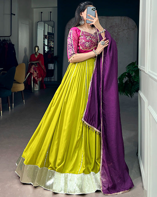 Neon Yellow Color Rayon Navratri Lehenga Choli