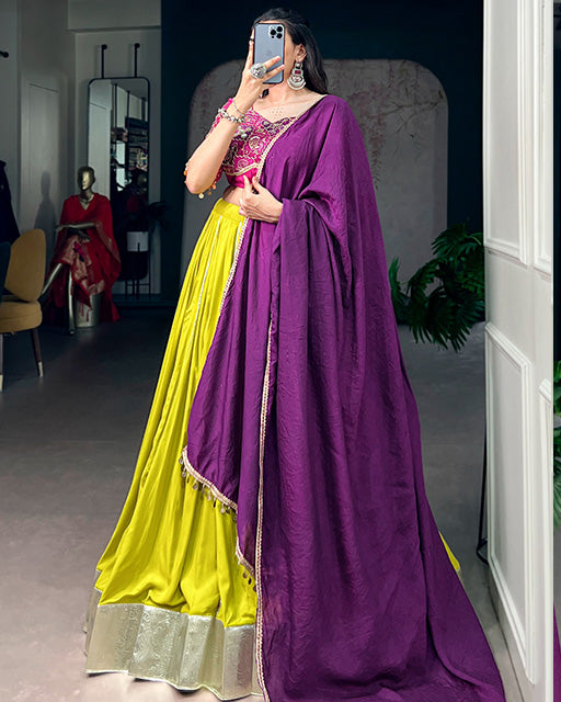 Neon Yellow Color Rayon Navratri Lehenga Choli