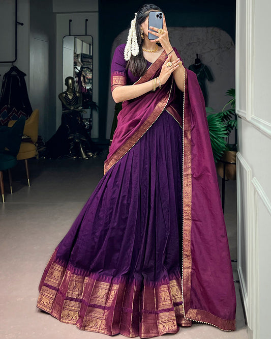 Purple Color Poly Cotton Zari Weaving Half Saree