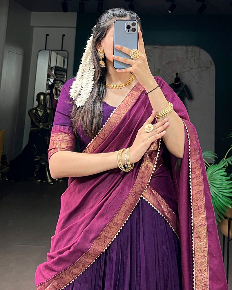 Purple Color Poly Cotton Zari Weaving Half Saree