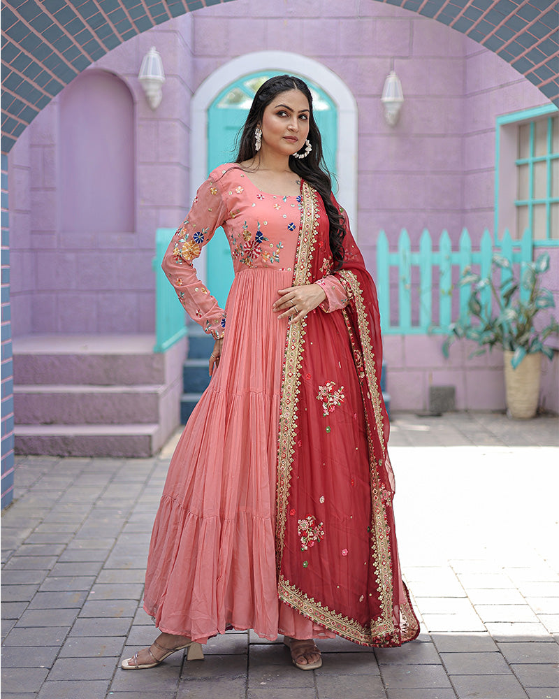 Peach Color Faux Georgette Designer Gown With Dupatta