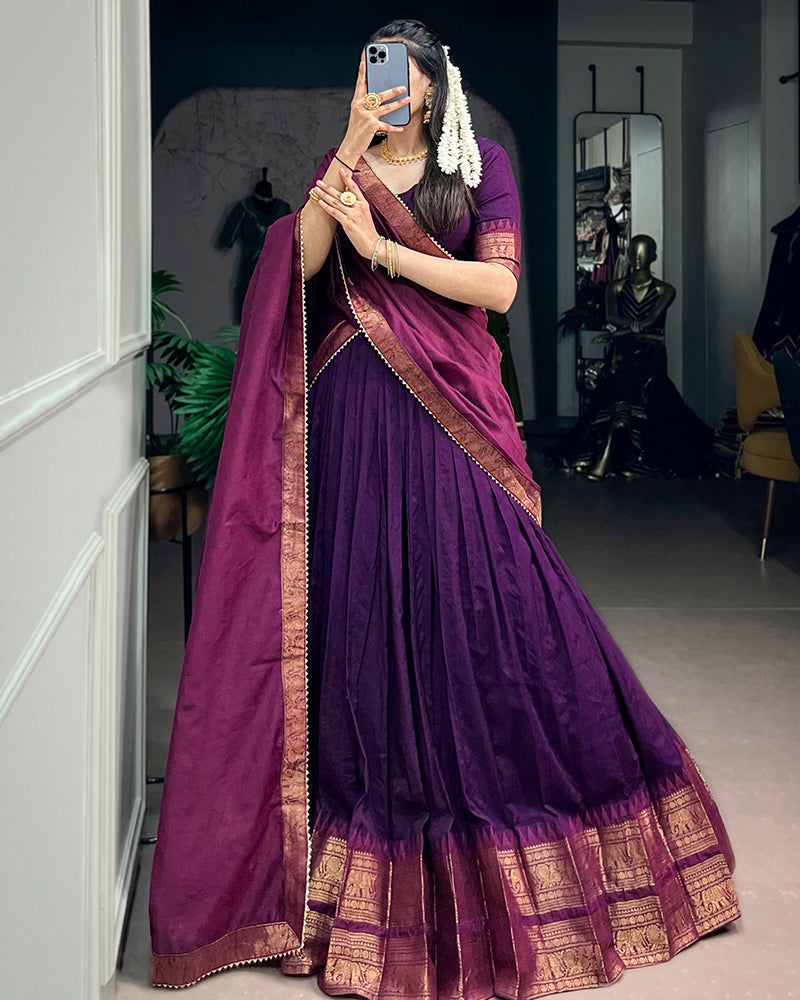 Purple Color Poly Cotton Zari Weaving Half Saree