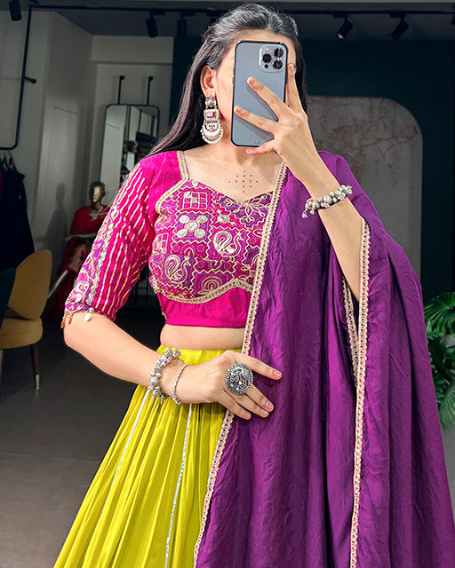 Neon Yellow Color Rayon Navratri Lehenga Choli