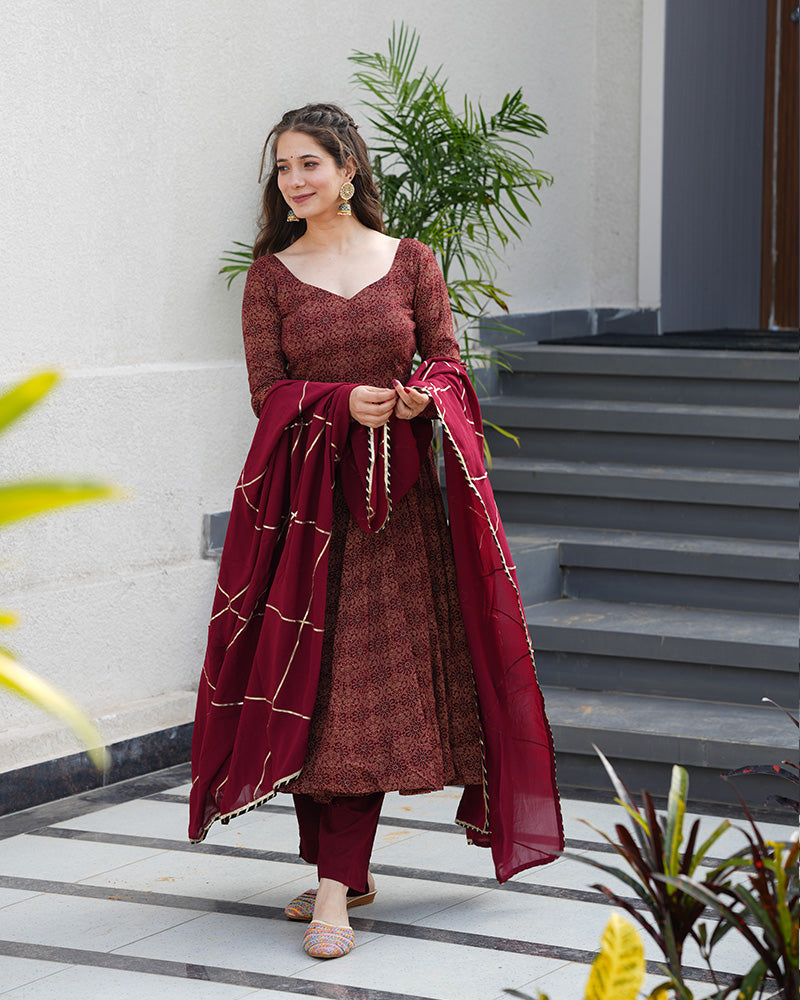 Maroon Color Pure Cotton Ajrakh Print Anarkali Suit